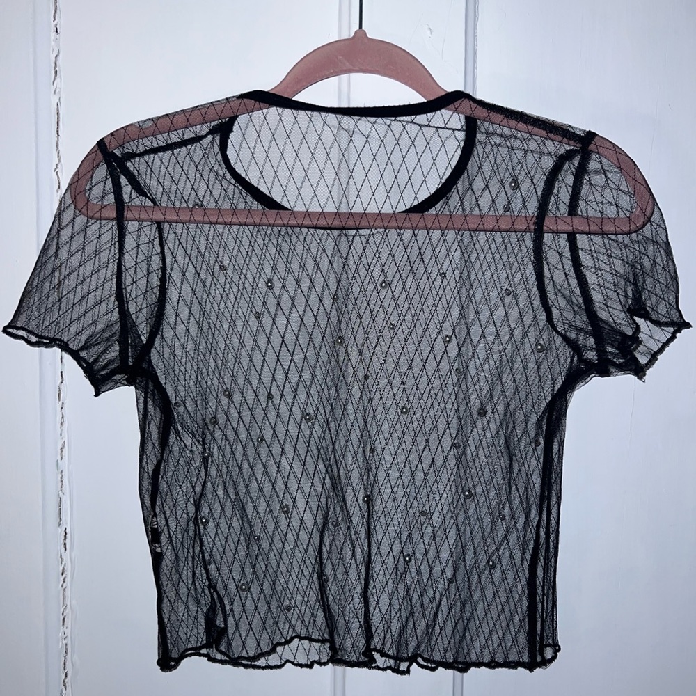 SHEIN Black Sheer Crop Blouse with Red Trim
